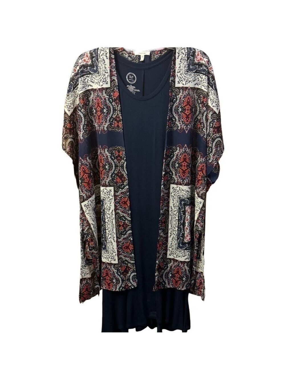 Navy Dress with Patterned Kimono Cover Up
